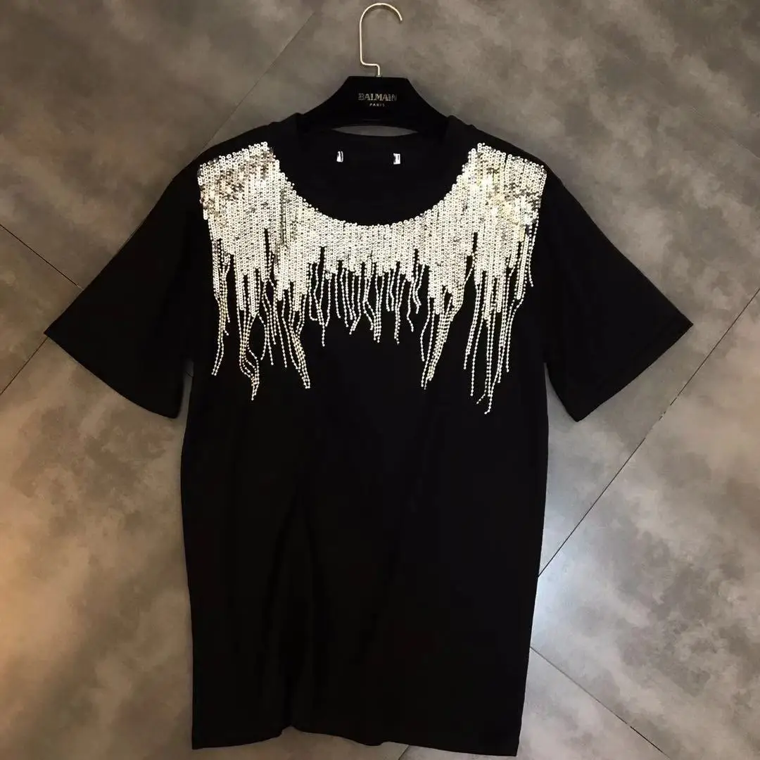 Лето 2019 тяжелая работа блестящая футболка с кисточками стразы из бисера бахрома