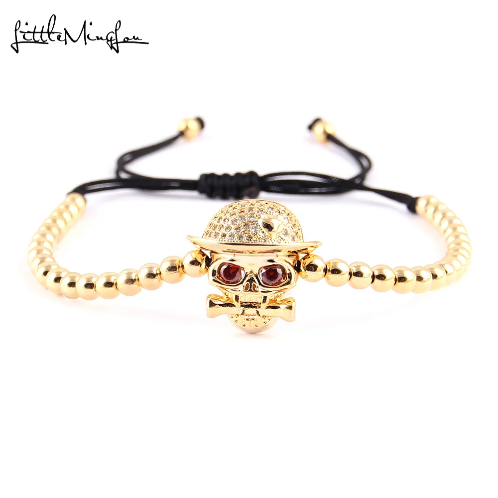 WML Роскошный Красный Циркон CZ Череп Шарм медный шарик плетеный Мужской Скелет