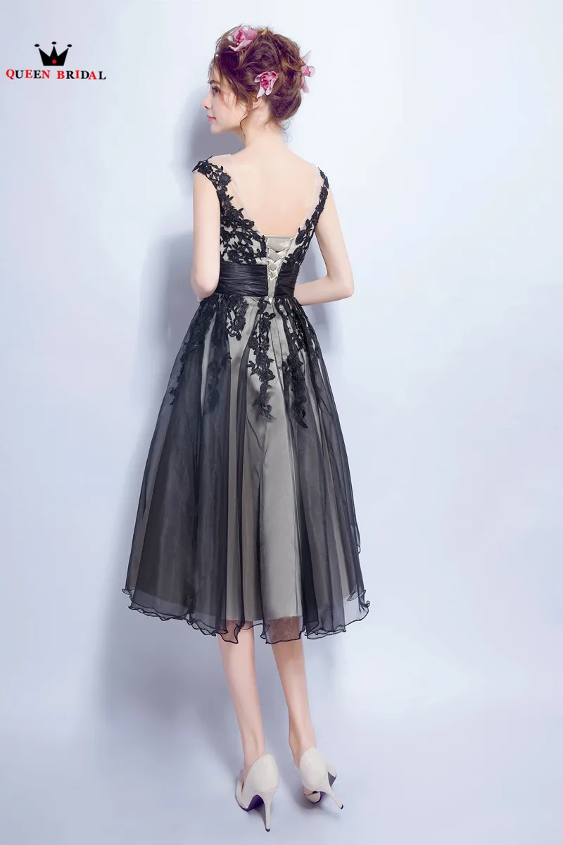 Черное платье для вечеринки Tea Length A-line V-neck Lace Tulle Short Black Elegant Evening Dresses Prom Party Dress Gowns Robe De Soiree NT46.