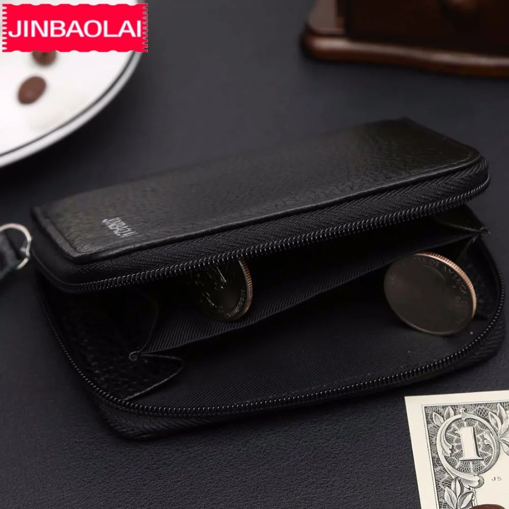 Мужской кошелек JINBAOLAI черный из натуральной коровьей кожи на молнии с отделением