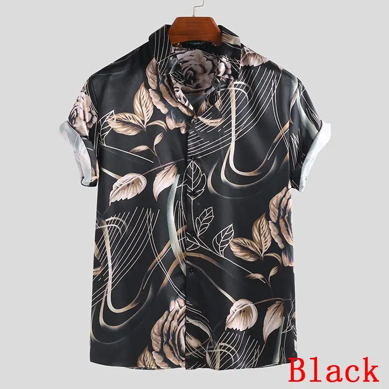 Black Shirt INCERUN шелковая атласная Мужская рубашка с цветочным принтом, с отворотом на шее, стильные брендовые рубашки с коротким рукавом, мужские мягкие винтажные рубашки - Цвет: Black Shirt