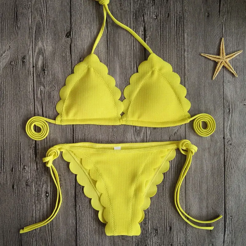 Бикини 2019 Новый женский купальный костюм топ с брюками однотонное на лямке в