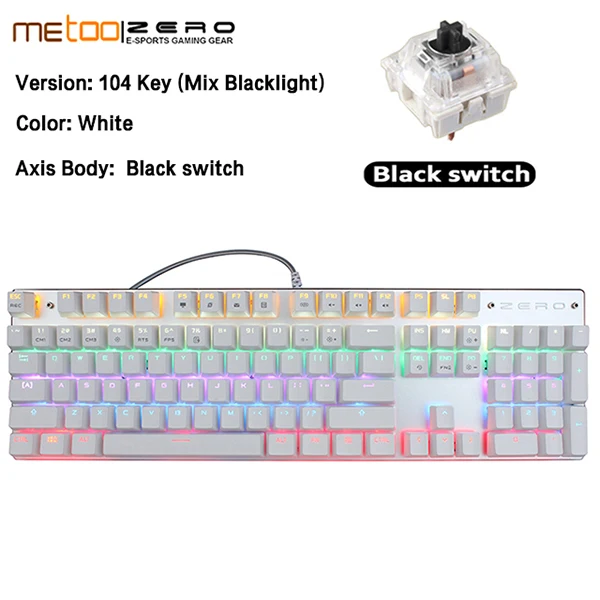104White BlackSwitch Игровая клавиатура Metoo ZERO, Проводная Механическая клавиатура, синий/черный/красный светодиодный переключатель с подсветкой, без коллизий, N key rolllover 87 104 клавиш - Цвет: 104White BlackSwitch
