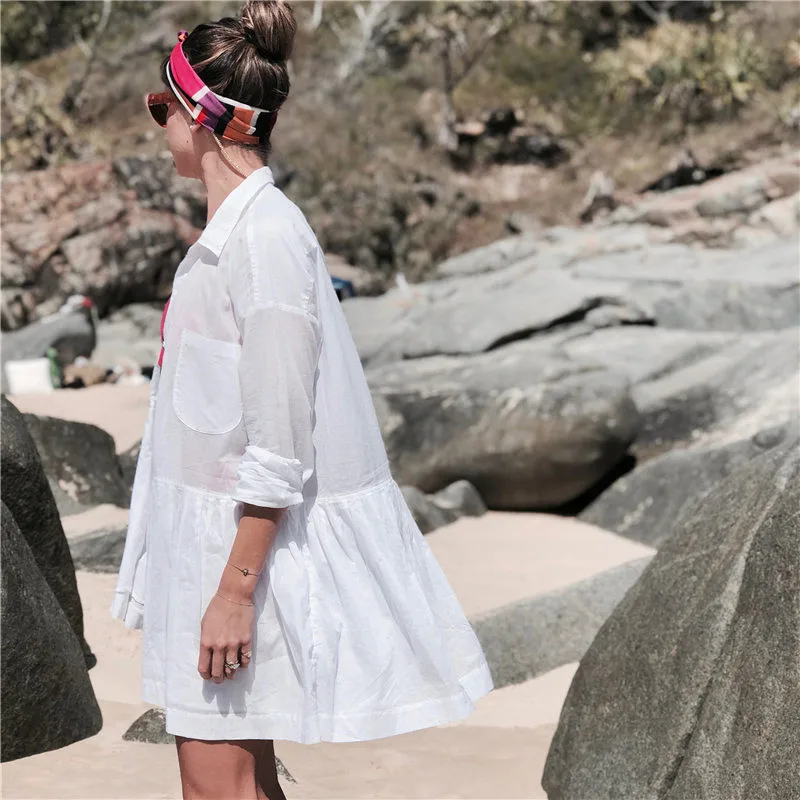White Cotton Loose Beach dress Saida de Praia Women Cover up Kaftan Pareos Playa Mujer Lace Bikini Swimsuit Suit |