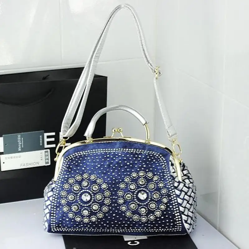 Johnature модная сумка из джинсовой ткани вязание сумки со стразами для женщин 2021