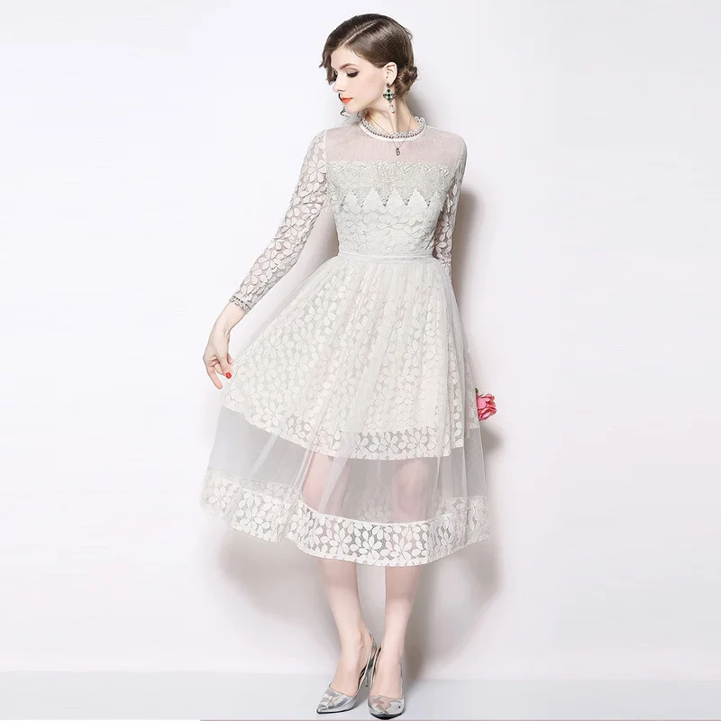2019 latest spring new lace dress fashion European and American temperament long-sleeved two-piece skirt | Женская одежда