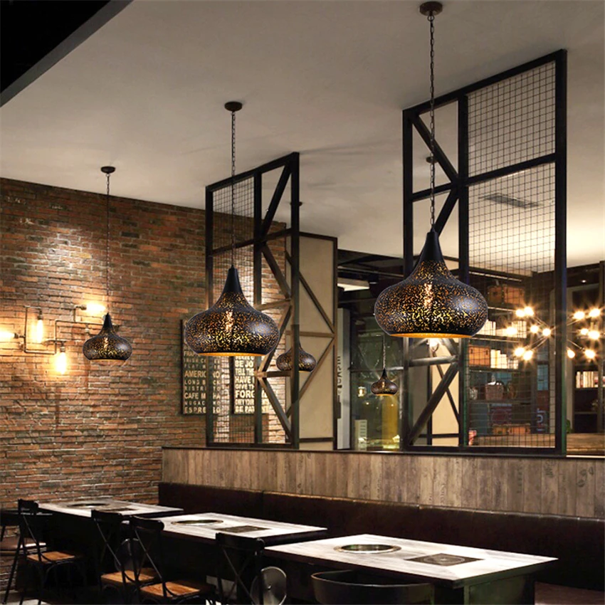 

Theme Restaurant Hollowed Skyland Pendant Lights Nordic Loft Industrial Single Head Hanging Lamps Bar Iron Retro Deco Fixtures