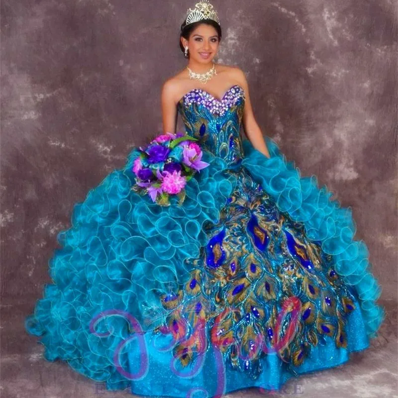 Quinceanera Платья Милая Бусы Бальное платье Из Органзы Павлиньи Перья Длиной до пола