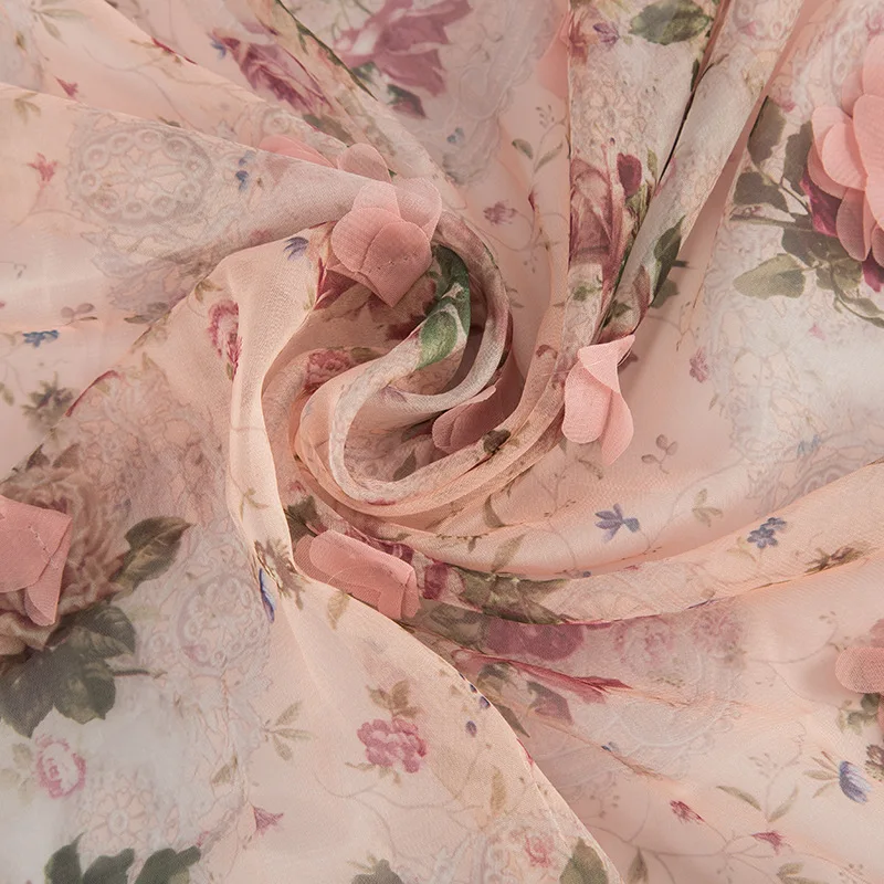 Chiffon flower embroidery pink women's dress fabric curtain three-dimensional | Дом и сад