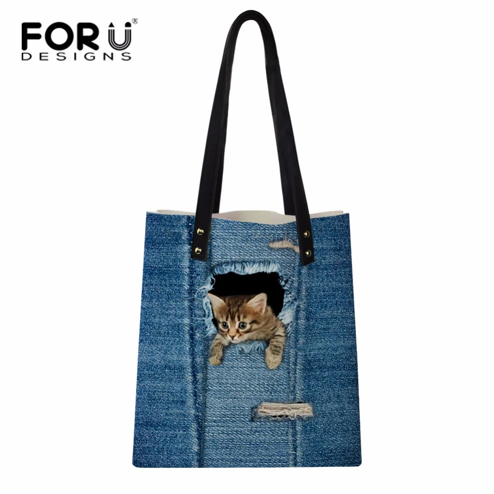 Классическая джинсовая женская сумка FORUDESIGNS с кошкой из искусственной кожи для