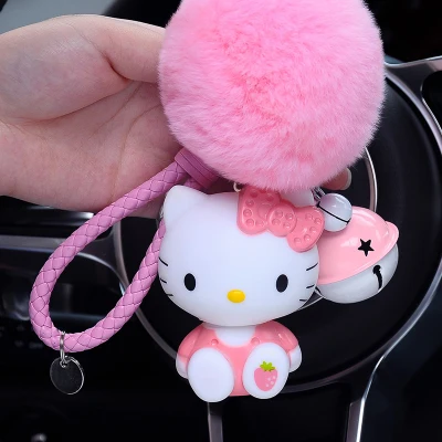 Милый мультяшный брелок hello kitty из кроличьего меха с помпонами, помпонами, брелок для женщин с кожаным ремешком, металлическое кольцо для ключей, цепочка для автомобильных сумок, брелок D35B