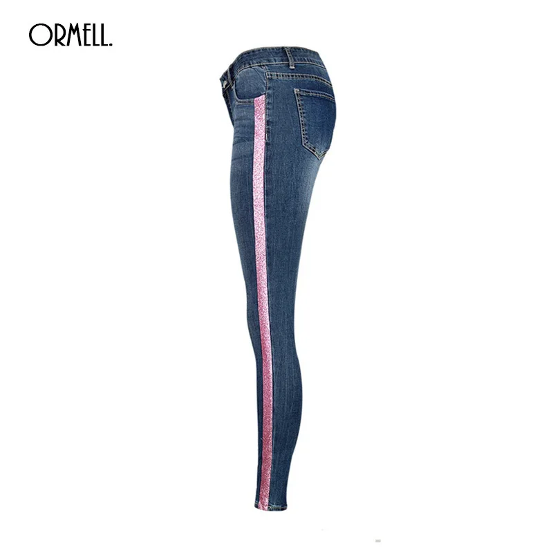 Женские эластичные джинсы ORMELL синие розовые брюки-карандаш с металлической