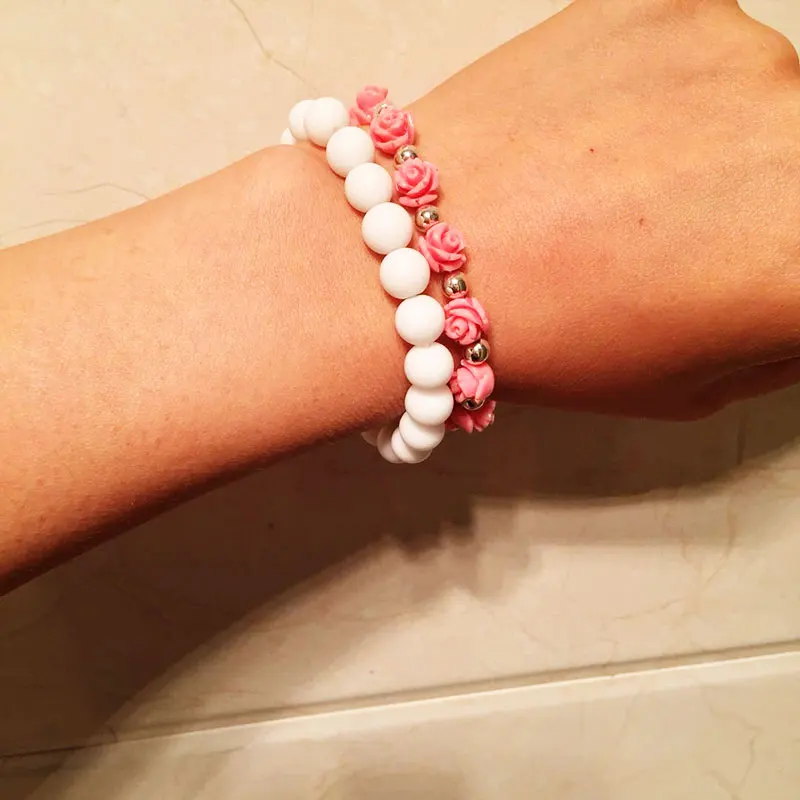 Boho Women Jewelry Pink Stone White Matte Beads With Coral Rose Charm Woven Bracelet Set | Украшения и аксессуары