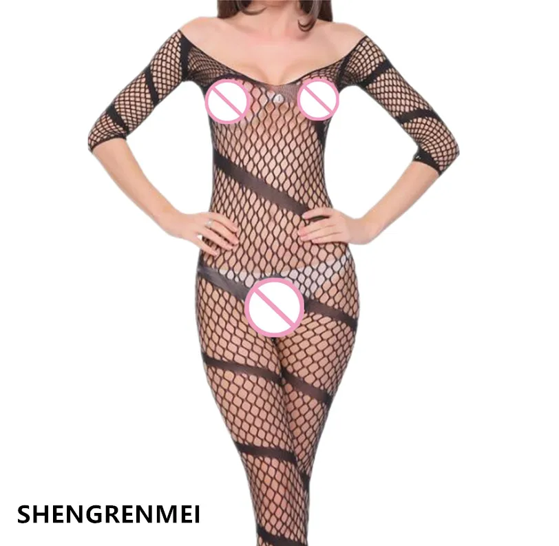 

SHENGRENMEI Long Sleeves Lingerie Big Elasticity Underwear Women Crotchless Bodysuit Oblique Stripe Teddies Catsuit dropshipping
