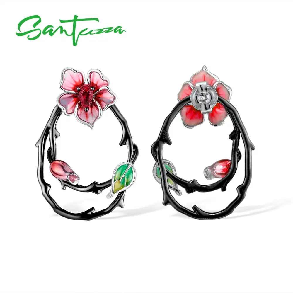 SANTUZZA серебряные серьги для женщин, чистое 925 пробы, серебро, голубая груша, розовый цветок, свадебные серьги, хорошее ювелирное изделие ручной работы, эмаль