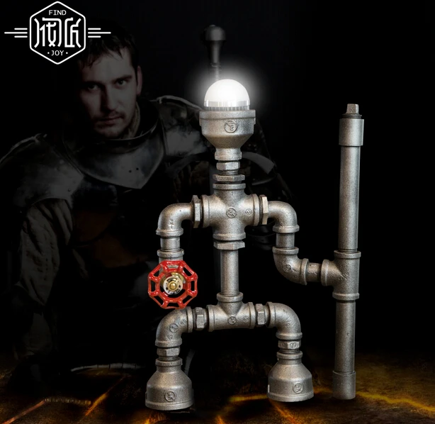

Knight Robot Iron Water Pipe Loft Industrail Desk Lamp Personality Creative Table Lamp For Home Room Bar Light Luminaria De Mesa