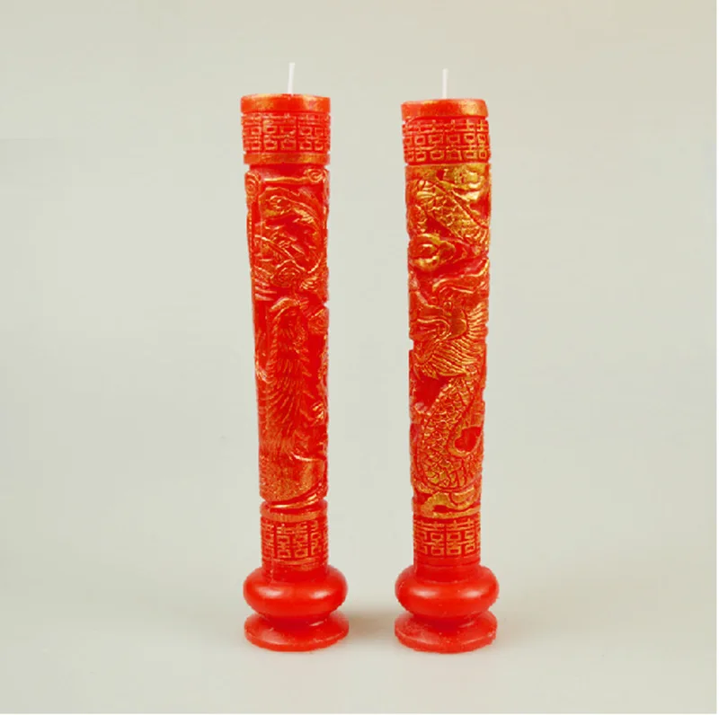 Красная свеча с резьбой по золотому дракону и фениксу 1 пара | Дом сад