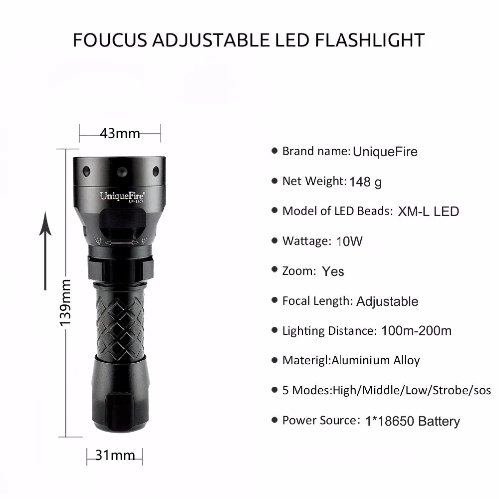Фото UniqueFire 1407 Mini XML LED Flashlight Torch 1200LM 5 Modes Adjustable Focus Lamp For 1x18650 Battery(Black) Лампы и освещение UniqueFire 1407 Mini XML LED Flashlight Torch 1200LM 5 Modes Adjustable Focus Lamp For 1x18650 Battery(Black) Лампы и освещение