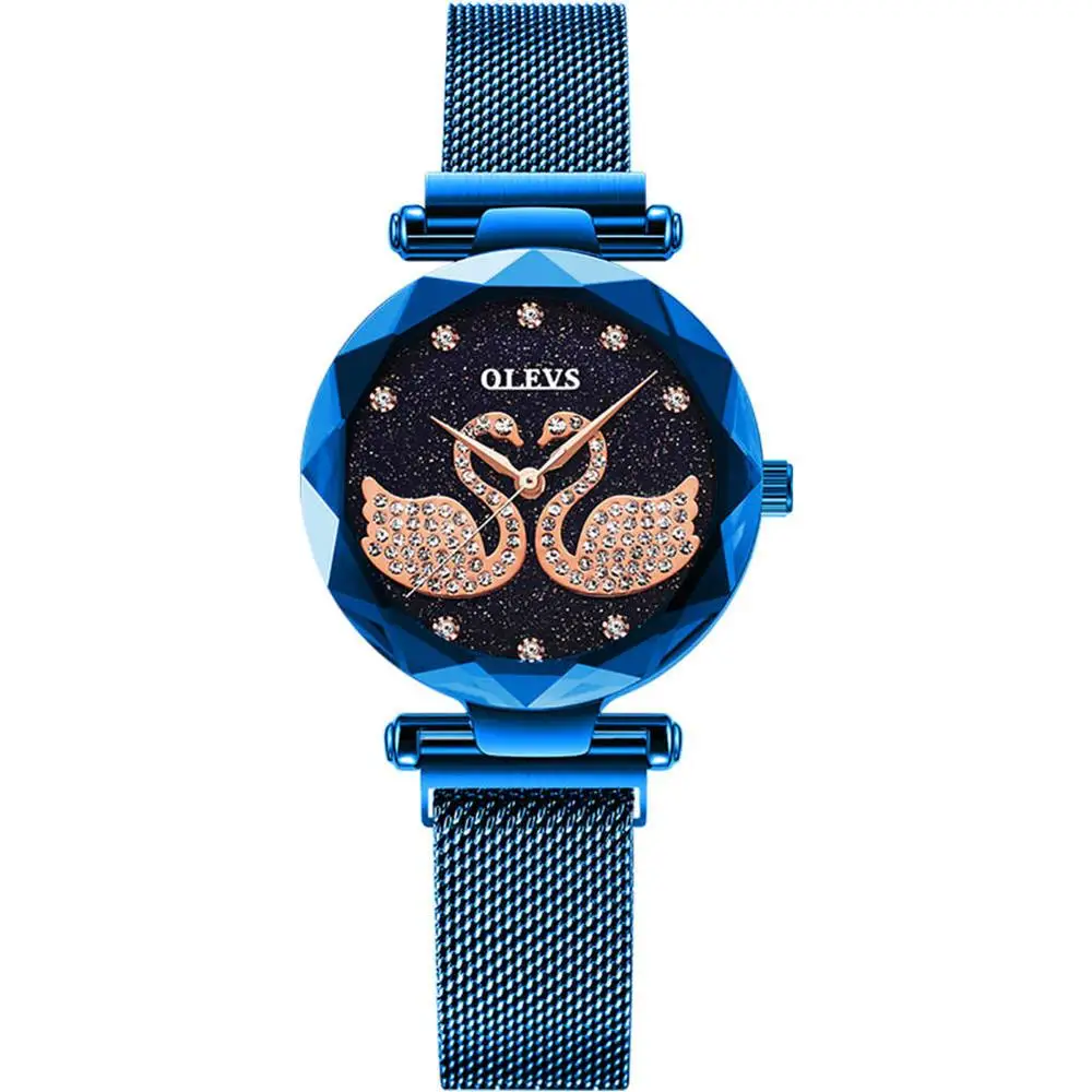 Blue ladies watch Горячая Montre Femme кварцевые женские часы Звездное небо Алмазный розовое золото Сталь женские часы с магнитной пряжкой фиолетовое платье женские часы Лебедь - Цвет: Blue ladies watch