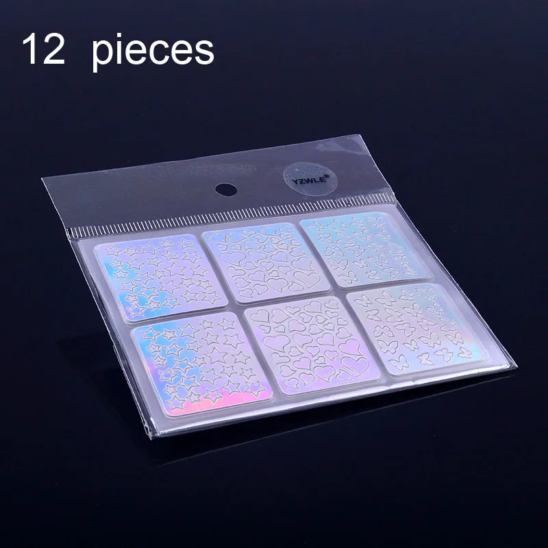 

12 Sheets/Lot Laser Nail Vinyls Hollow Sticker Irregular Mixed Design Stamping Manicure Stencil Nail 3D Tip Sticker
