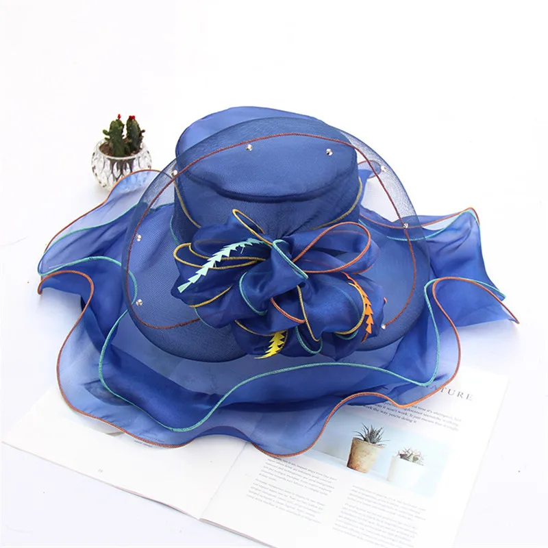 royal blue Mingli Tengda Новинка года складной для женщин шляпа Свадебные Элегантные органзы Свадебные шляпы с цветком летняя пляжная шляпа chapeaux mariage - Цвет: royal blue