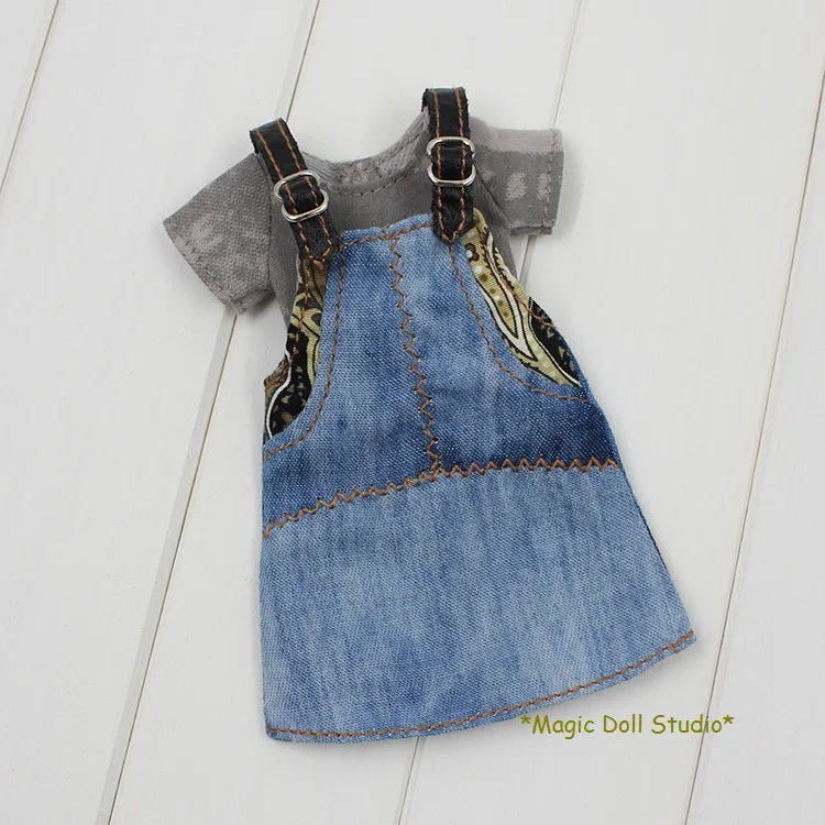 [MG178] Горячая Распродажа 2018 Neoblythe Clothes # серый топ и джинсовая юбка на подтяжках