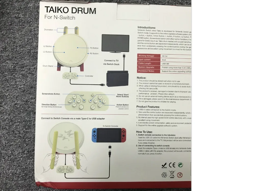 Барабан Тайко для Nintendo switch с барабанной палочкой набор игровых аксессуаров NS Switch