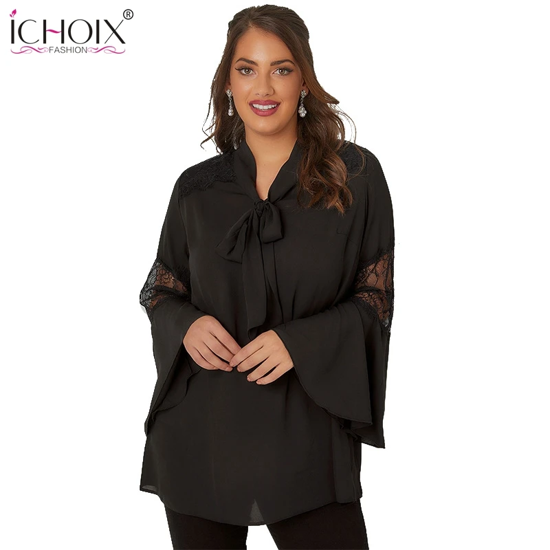 ICHOIX 4XL 5XL большой размер летний Кружевной Топ для женщин Черная кружевная женская