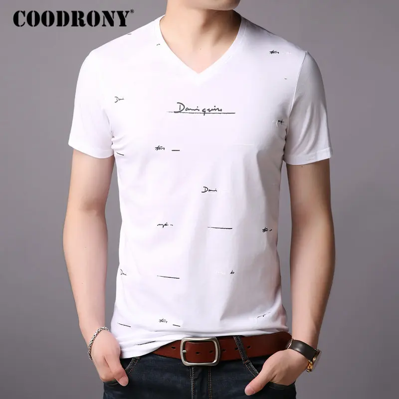Белый COODRONY, Мужская футболка с коротким рукавом, летняя уличная одежда, повседневные мужские футболки, брендовая футболка, Мужская хлопковая футболка с v-образным вырезом, Homme S95005 - Цвет: Белый