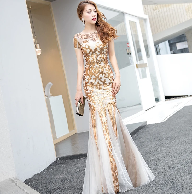 Женское вечернее платье русалка роскошное с блестками и открытой спиной для