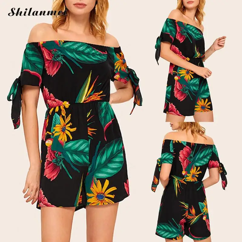

2019 Summer Off Shoulder Floral Print Romper Female Summer Short Sleeve High Waist Wide Leg Beach Holiday Playsuit Loose Casual