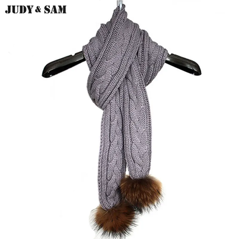 Женский теплный вязанный шарф с двумя помпонами из меха енота.|scarf beaded|scarf slidescarf