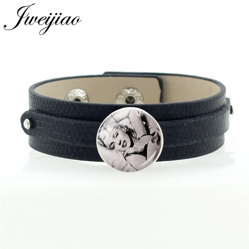

JWEIJIAO Fashion Marilyn Monroe Glass Photo Cabochon Snap Button Bracelet Black PU Leather Rope Punk Bangles For Men Woman A690