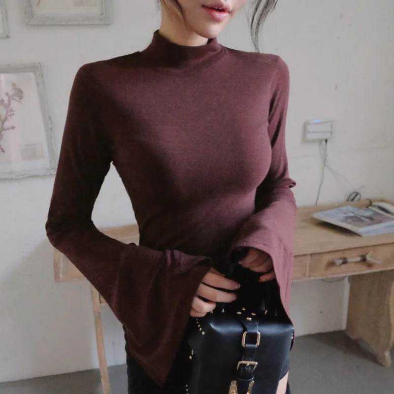 Женская футболка с длинным рукавом простая винно-Красная расклешенным и