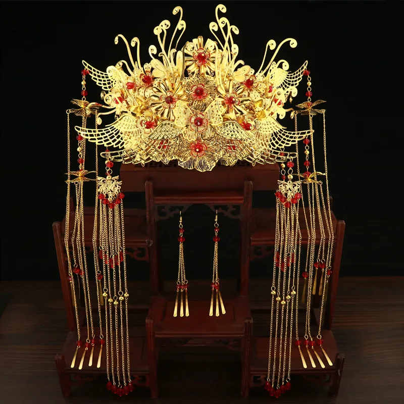 JaneVini Новая роскошная китайская Золотая свадебная корона с серьгами древняя