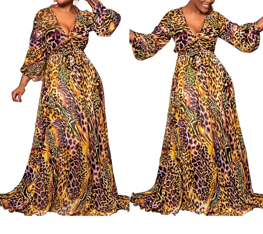 Пляжное платье с длинным рукавом богемное Шифоновое Платье макси леопардовым