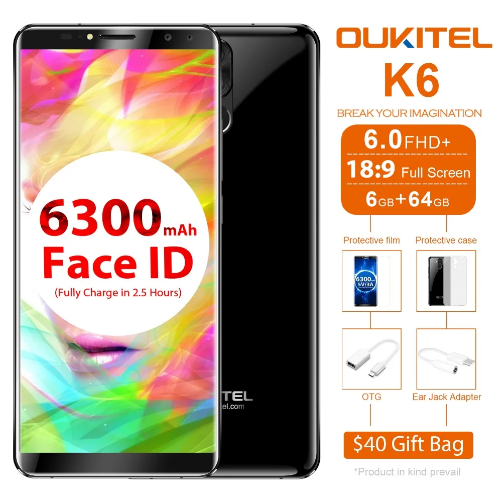 Oukitel K6 18:9 6 0 ''Дисплей Face ID MT6763 Octa Core ГБ Оперативная память 64 Гб Встроенная 6300