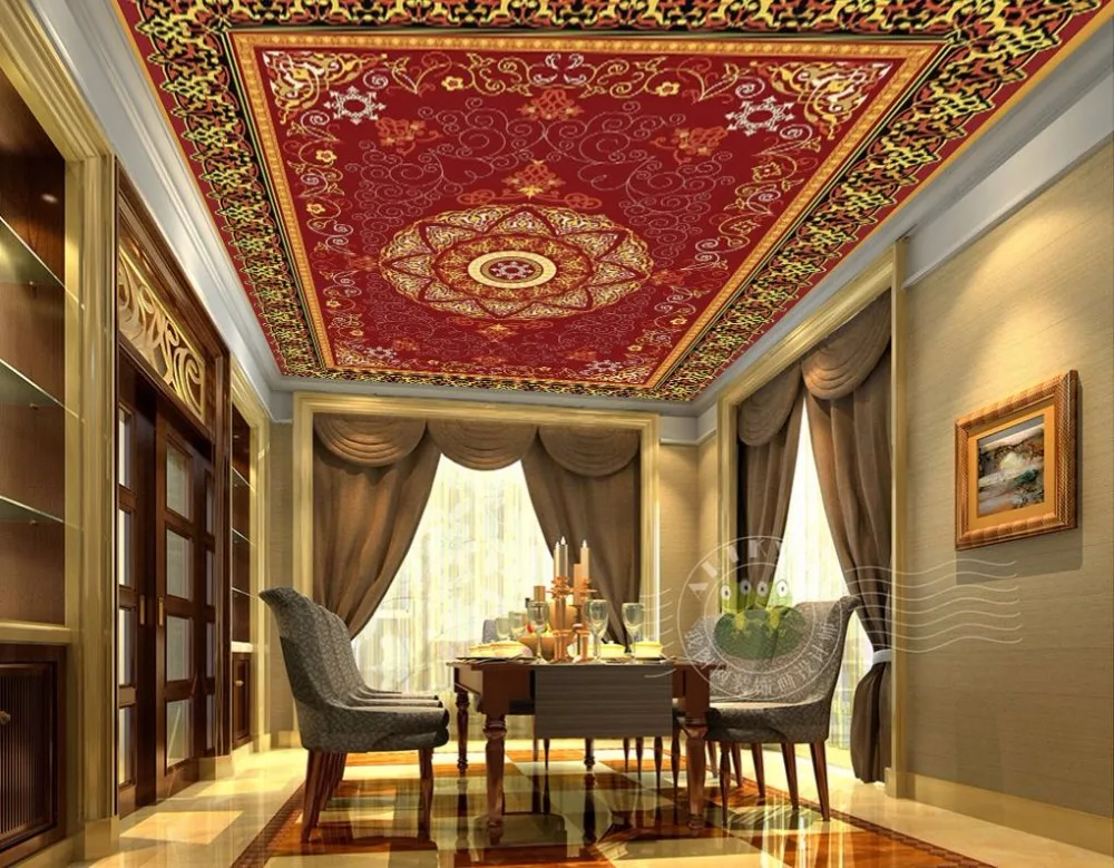 Модные 3D потолочные Настенные обои Национальный круг Потолочные фото для ванной