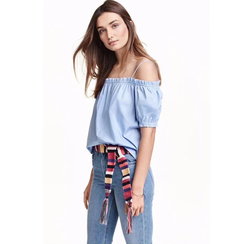 Женская блузка летняя с коротким рукавом и вырезом лодочкой синего цвета 2 вида