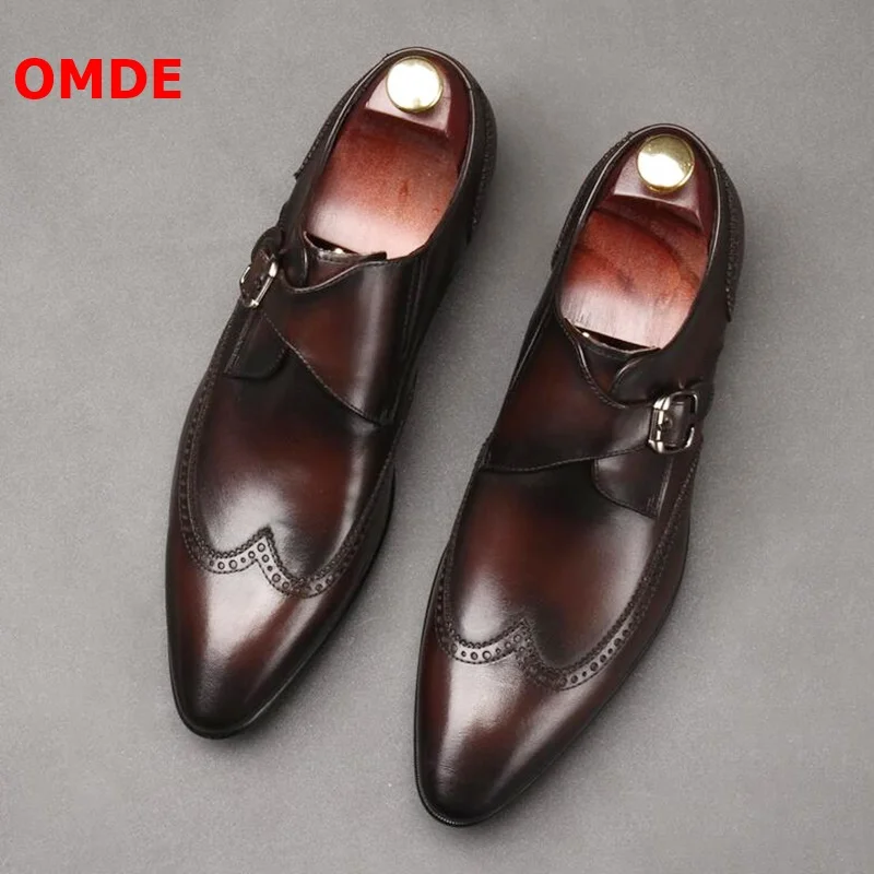 Броги OMDE мужские кожаные заостренный носок пряжка броги Формальные туфли без