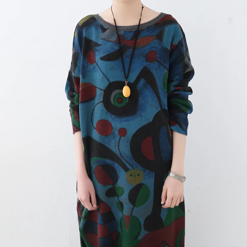 Johnature Women Vintage Pullover Sweater Print Floral 2021 Spring New Clothes Bat Sleeve O-Neck | Женская одежда
