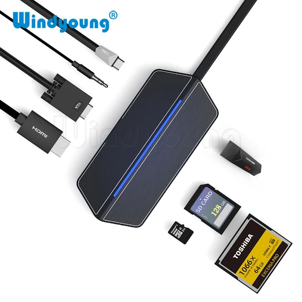 

USB C HDMI концентратор 3,0 Тип C адаптер USBC к VGA HDMI 3,5 мм аудио разъем CF SD TF кардридер слот USB 3,0 адаптер для ноутбука Macbook