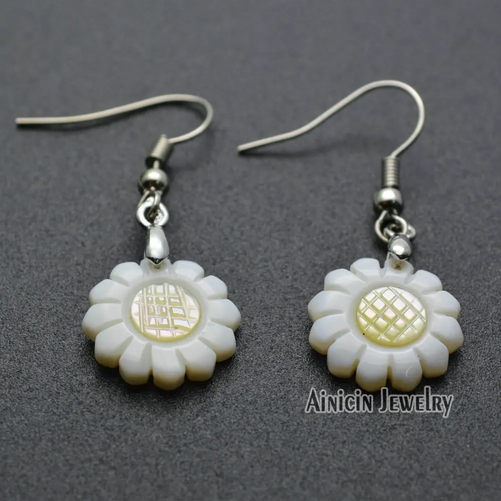 

10pairs White Shell Carved Sun Flower Dangle hook Earrings For Women Jewelry