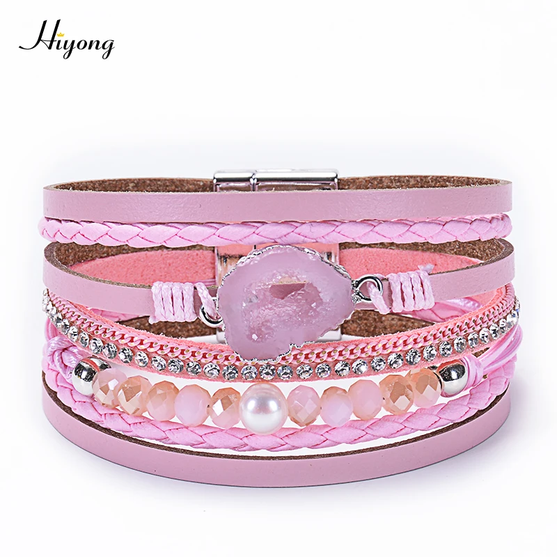Женский браслет HIYONG Boho многослойный кожаный из Амулет друзы камней магнитный для