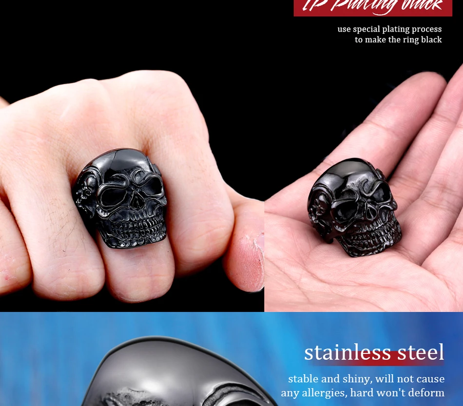 BEIER Dropshipping Fashion Stainless Steel Rings For Man Big Tripple Skull Ring Punk Biker Jewelry BR8-068