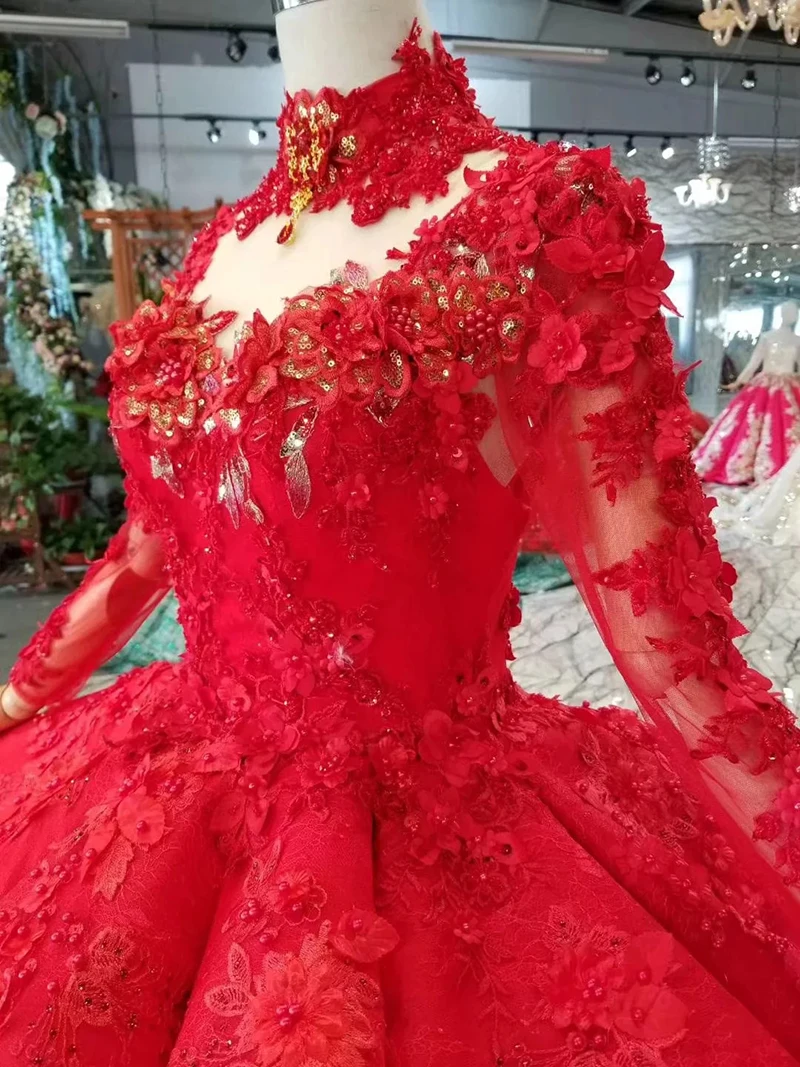 LS11290 бальное платье, вечерние платья, высокий ворот, длинный рукав, шнуровка сзади, роза, свадебные вечерние платья, плиссированные многослойные платья, vestido longo