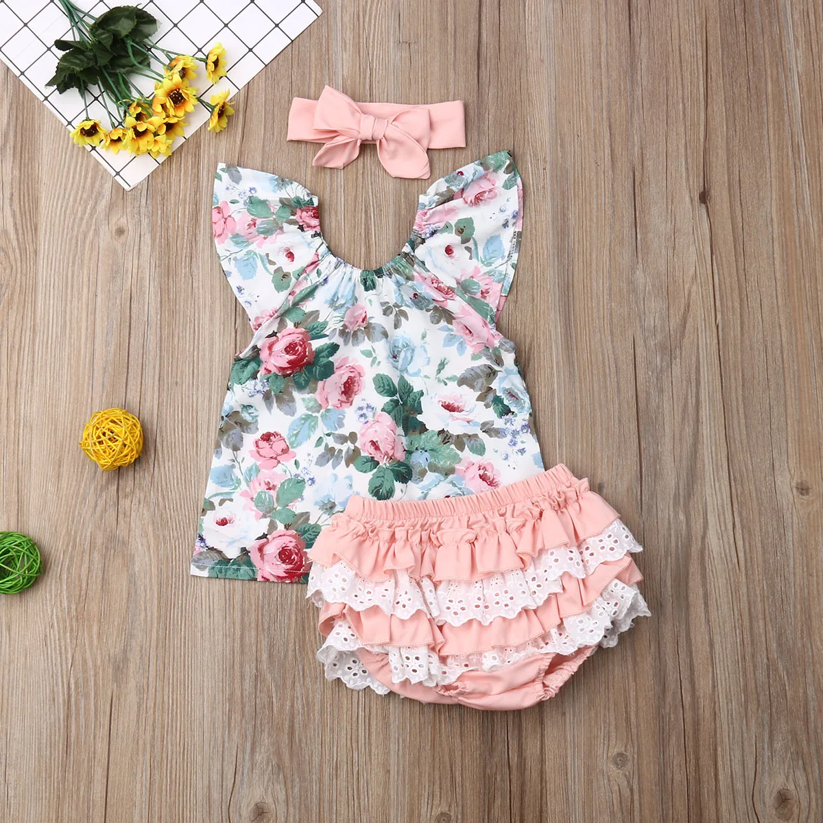 

Pudcoco Summer Newborn Baby Girl Clothes Fly Sleeve Flower Print Tops Lace Ruffle PP Shorts Headband 3Pcs Outfits Clothes Summer