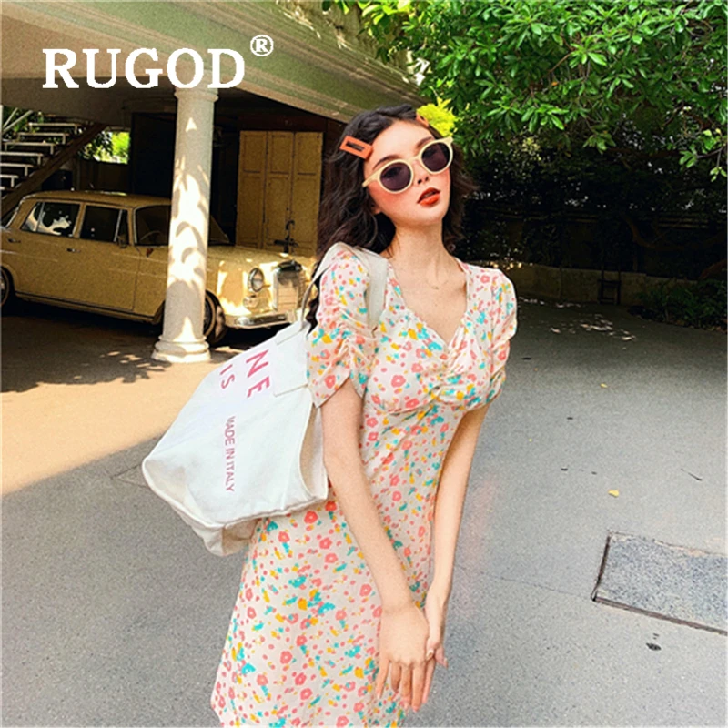 RUGOD Элегантный цветочный принт женское платье в Корейском стиле шик из шифона с