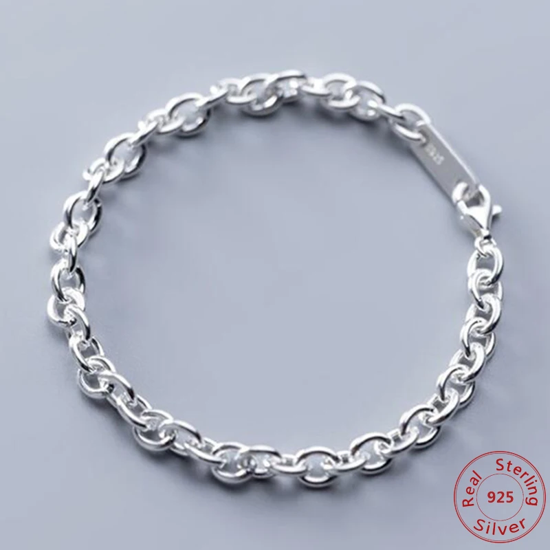 

Браслет из серебра 925 пробы унисекс, классическое ювелирное изделие с зеркальными звеньями, Байкерский стиль, цепочка из серебра 100% пробы