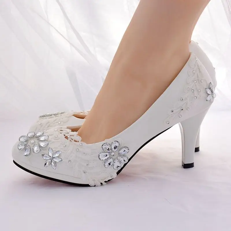 

White lace wedding shoes bride platforms low high heel plus size 41 42 HS390 handmade crystal rhinestones bridal parties pump